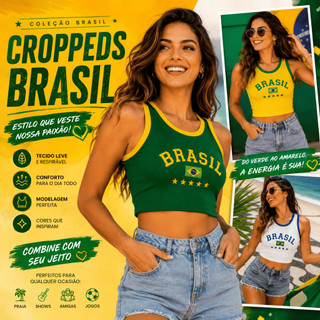 Regata Cropped Brasil Copa Ribana Canelado Escudo Bordado Premium Estiloso