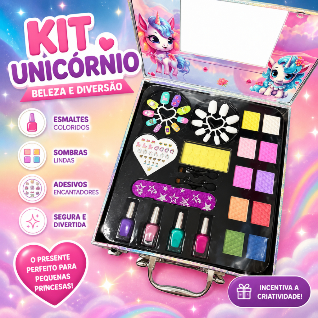 Kit Maquiagem Infantil Unicórnio Completo Maleta de Beleza com Esmalte Lavável Presente Menina