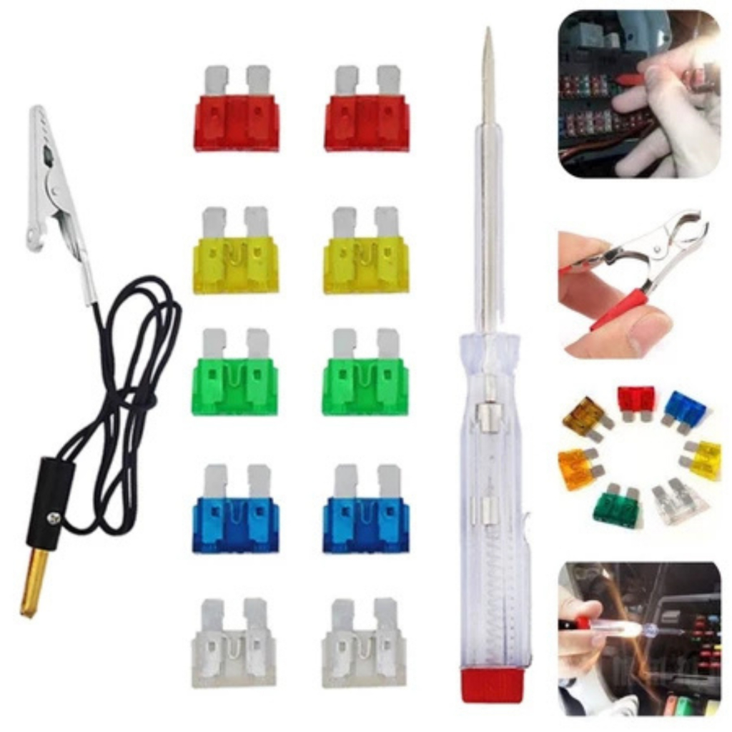 Kit Fusível Automotivo com Chave Teste 10 Fusíveis + Chave Teste Garra Jacaré Universal p/ Carro
