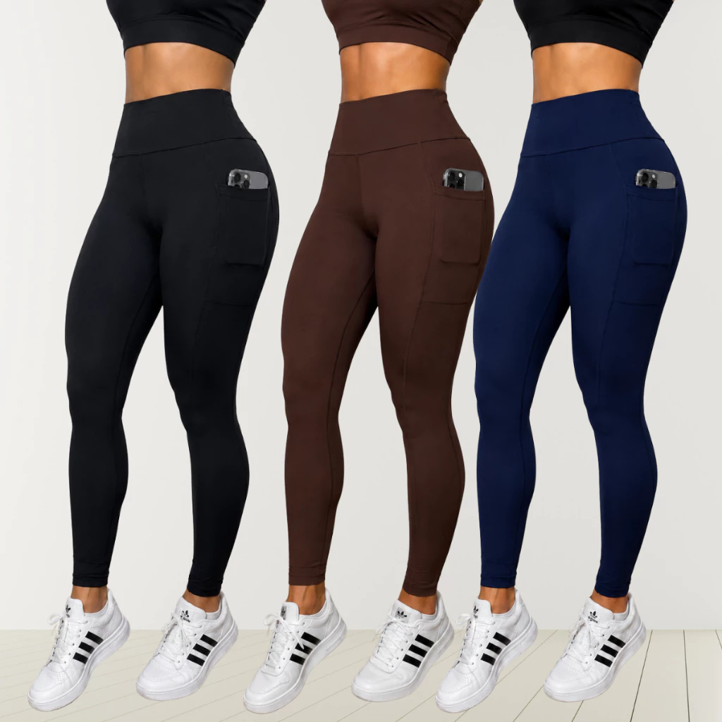 Kit 03 Calças Legging Feminina Fitness Cintura Alta Bolso Lateral Zero Transparência Suplex Cós Duplo — imagem 1