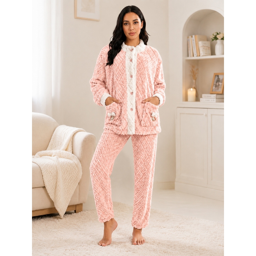 Pijama Feminino Peluciado De Inverno Com Casaco De Botões Bolsos Frontais E Calça Longa Confortável