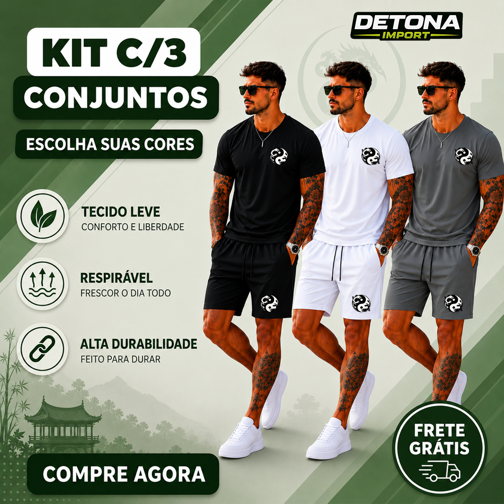 Kit 3 Conjuntos Masculinos Dry Fit Premium Yang Detona - Academia Treino Corrida Casual Dia a Dia Confortável Estiloso