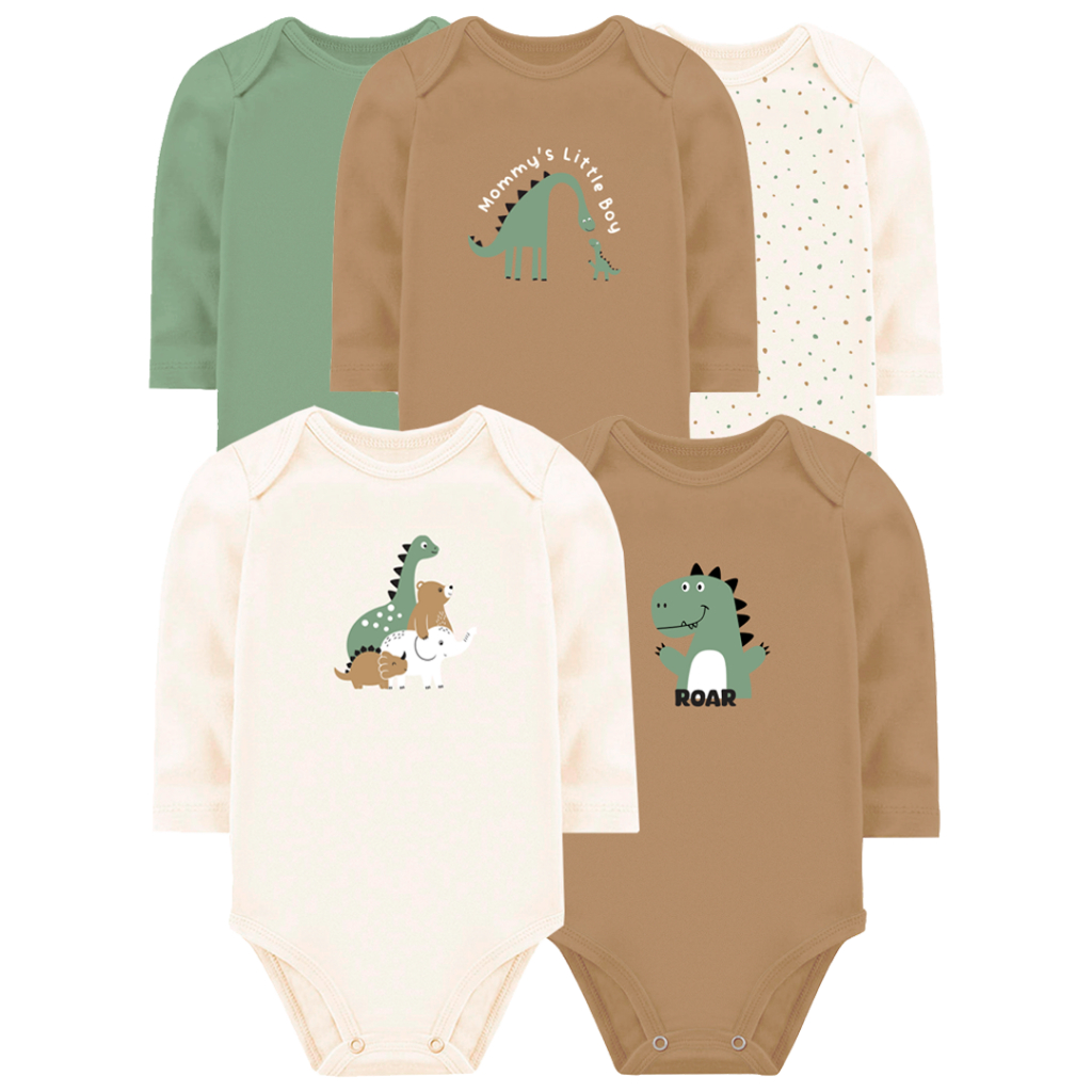 Kit 5 Peças Body Algodão Roupa Infantil Bebê Menino Dinossauro 5 Bodies Manga Longa