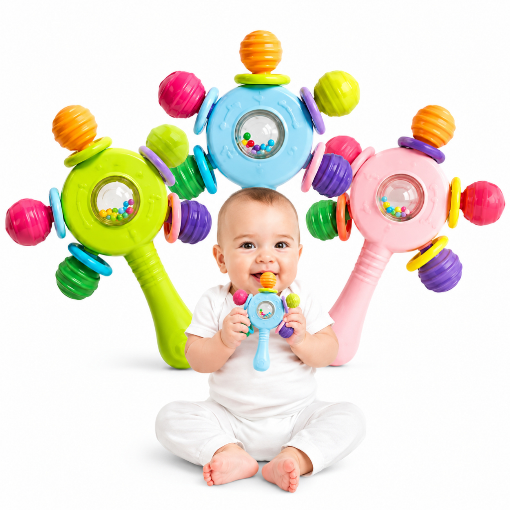 Mordedor Bebe de Mão Chocalho Sensorial Dentição 5 Pontas BPA FREE Silicone Massageador de Gengiva