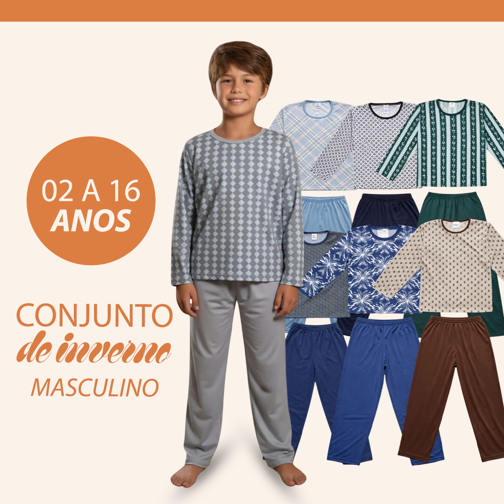 Pijama Infantil Menino Inverno Manga Longa 2 ao 16 anos Conforto e Estilo