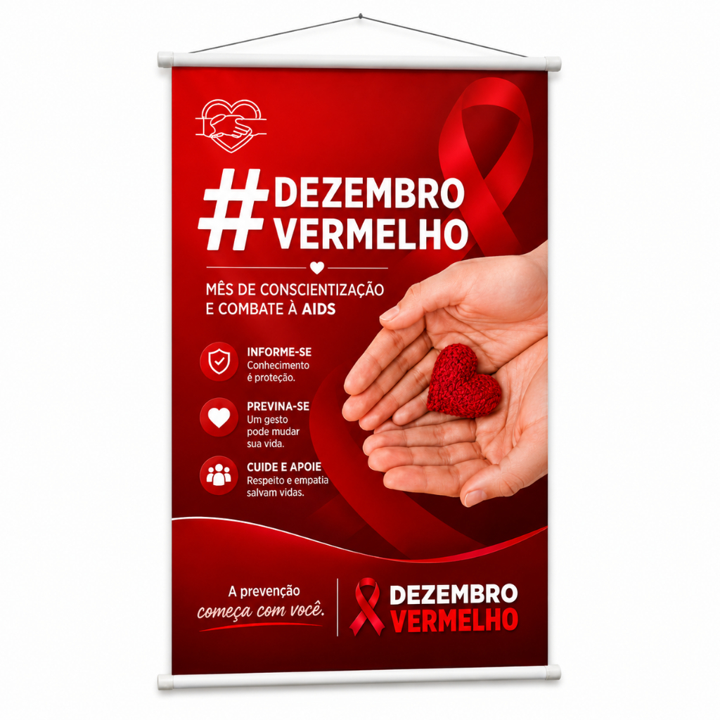Banner Dezembro Vermelho Campanha HIV Aids Conscientização produzido em lona. Cartaz Divulgação Hospital Clinica Pub1055