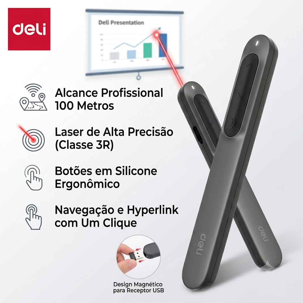 Apresentador Laser Wireless Deli Controle PPT USB RF 2.4GHz Hyperlink