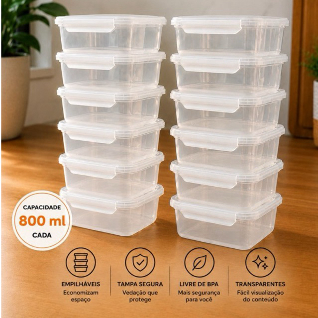 Kit Com 12 Potes Transparentes Com Trava 800ML Marmita Freezer Geladeira Microondas Organização