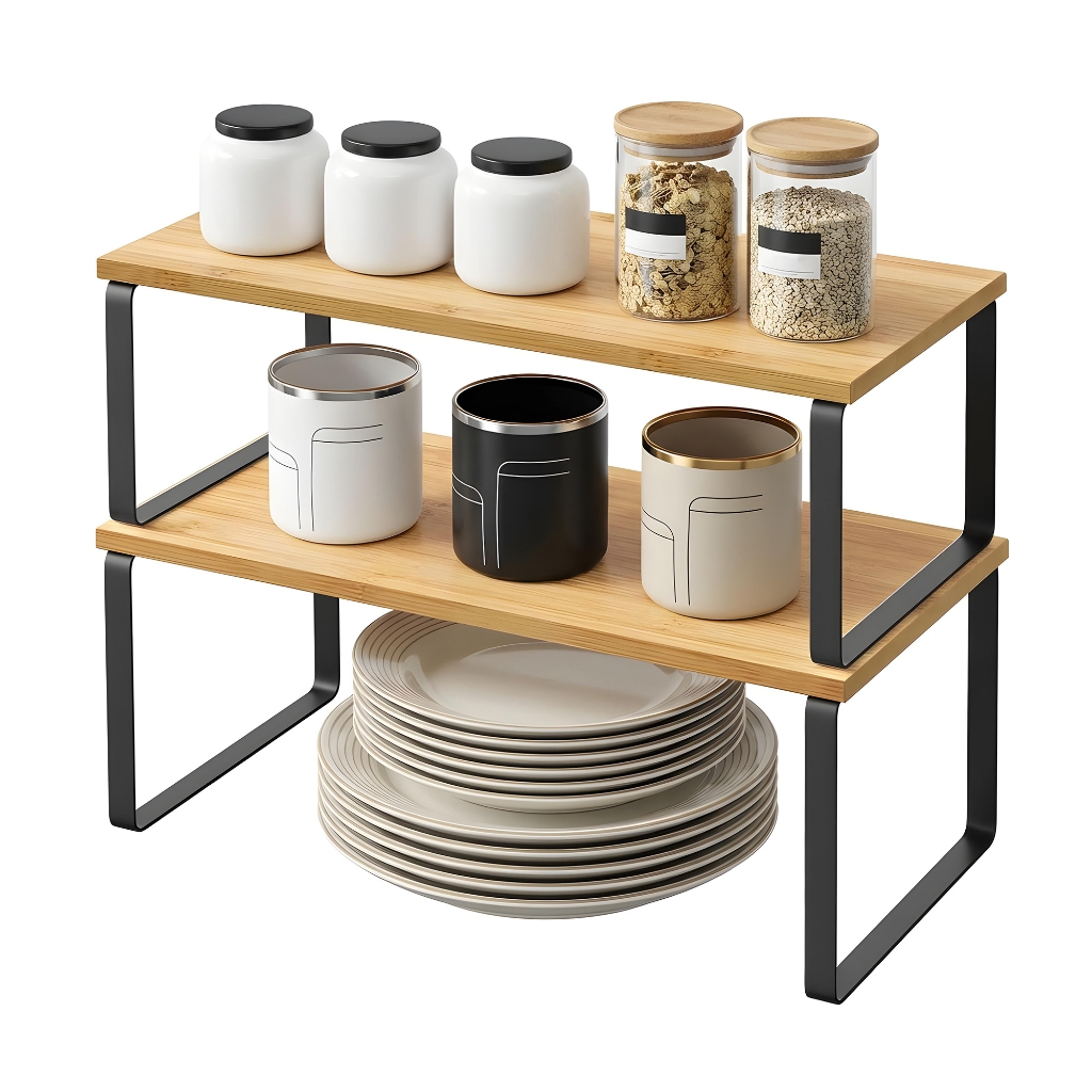 SONGMICS Organizador de Temperos Empilhável, Prateleira Expansível para Armário de Cozinha, Metal e Madeira, Preto