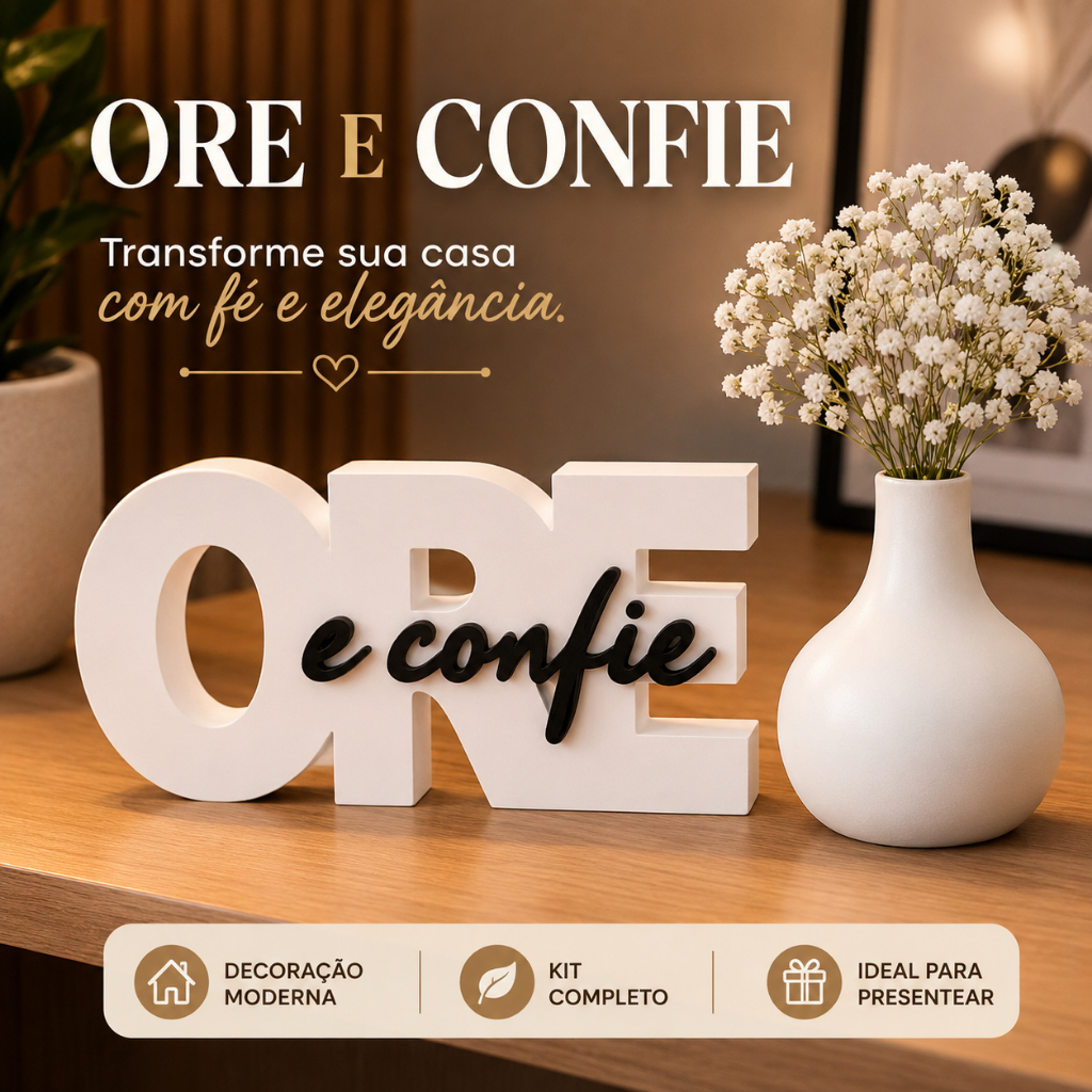 Kit Decorativo Ore e Confie com Vaso Decoração Cristã Religiosa Sala Quarto Mesa Escritório