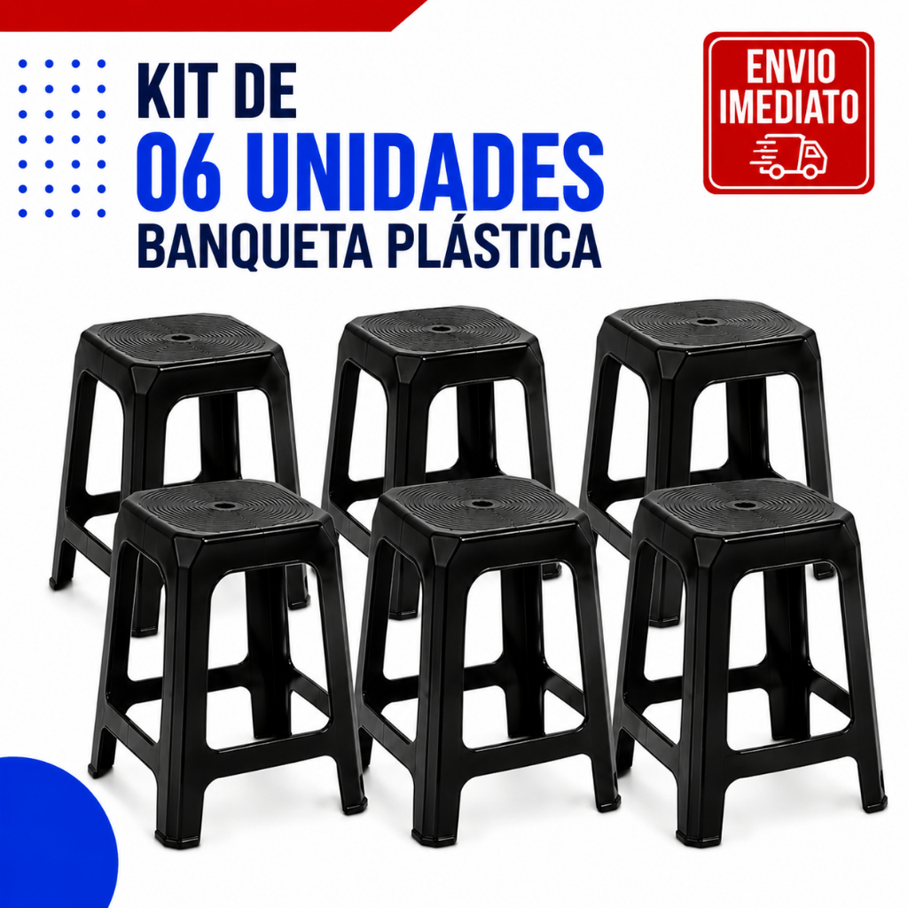 Kit 06 Unidades Banqueta Preta Alta Plástico Reforçado