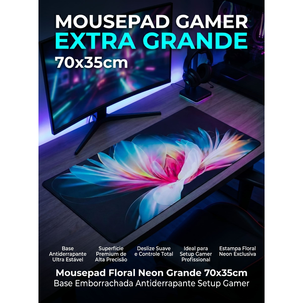 Mousepad Gamer Extra Grande 70x35cm Floral Neon Antiderrapante Premium Alta Precisão Speed Control