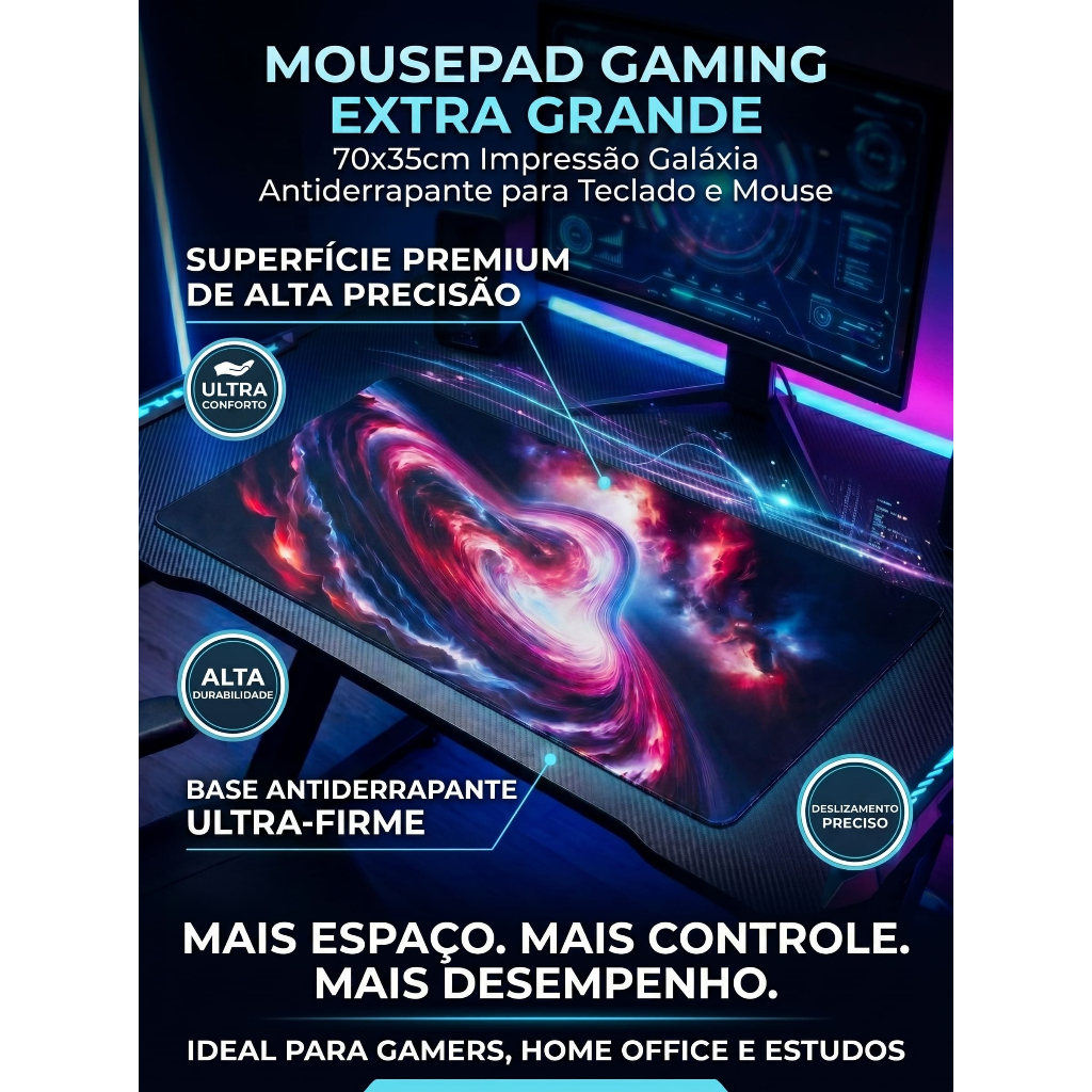 Mousepad Gamer Grande 70x35cm Antiderrapante Estampa Galáxia Base Firme Alta Precisão Profissional