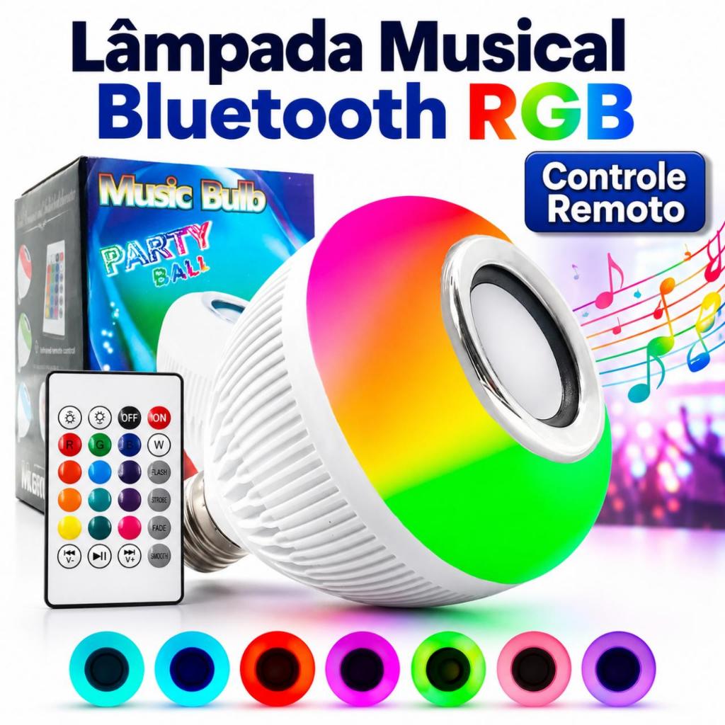 Lâmpada LED RGB Musical E27 Bluetooth com Controle e Caixa de Som Integrada