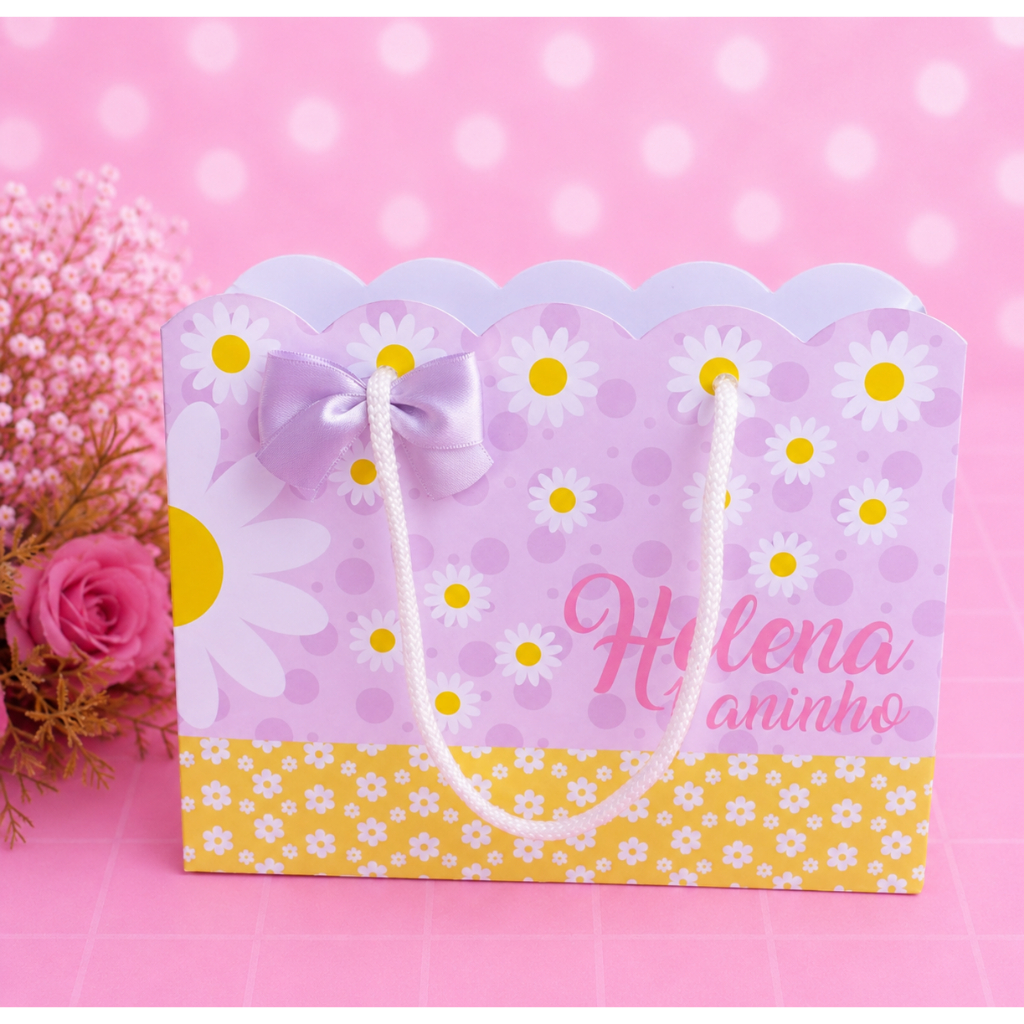 Sacolinha personalizada Margaridas lilás lembrancinha kit festa caixinhas aniversário Papelaria Personalizada