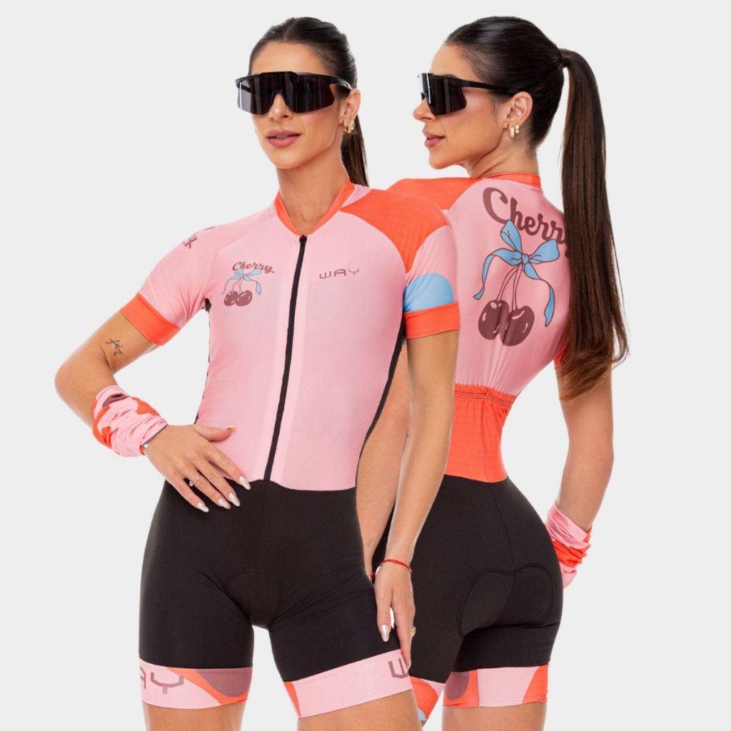 Macaquinho Macacão Ciclismo Ciclista Feminino Alta Densidade Acolchoado Gel Manga Curta Cereja Laço