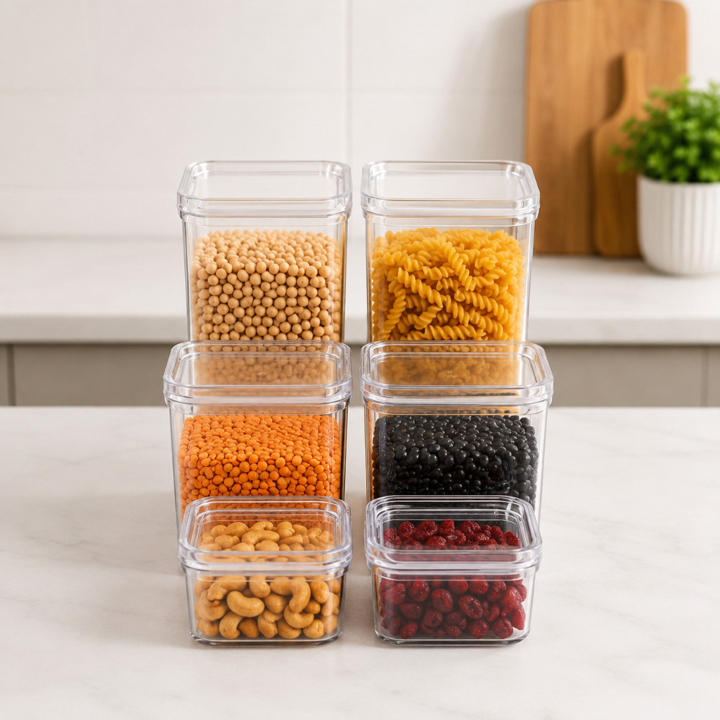 Kit 6 Potes Herméticos Quadrados Transparente Empilháveis Organizador de Alimentos Dispensa Cozinha