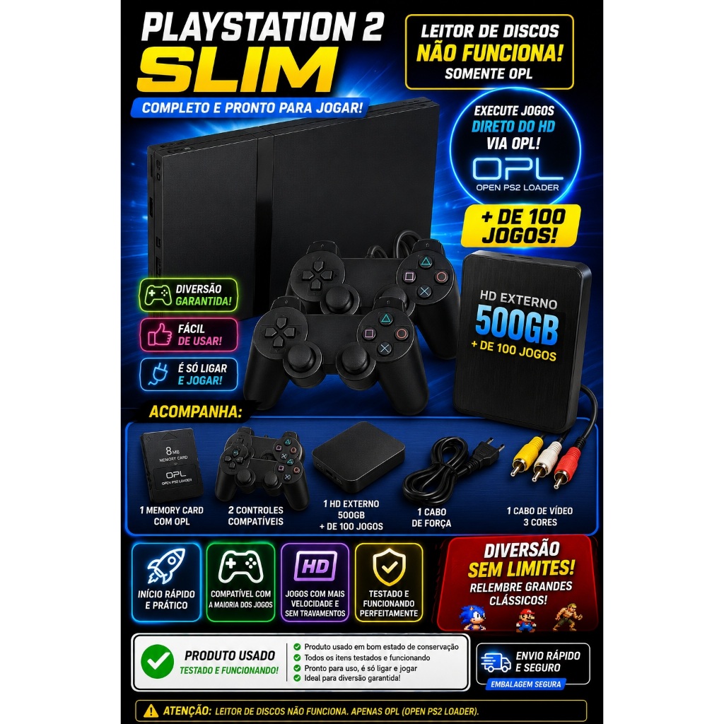 🎮 PlayStation 2 Slim Desbloqueado OPL + HD 500GB + 2 Controles + 100 Jogos