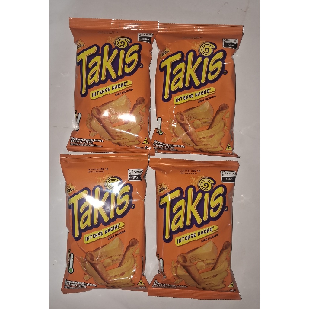 4 Takis Salgadinho de Milho 49g -Intenso Nacho.com queijo tipo cheddar.4 unidades lanches