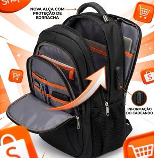MOCHILA MASCULINA REFORÇADA EM NYLON COM REPARTIÇÃO PARA NOTEBOOK CABO DE AÇO E CADEADO COM SENHA IMPERMEÁVEL