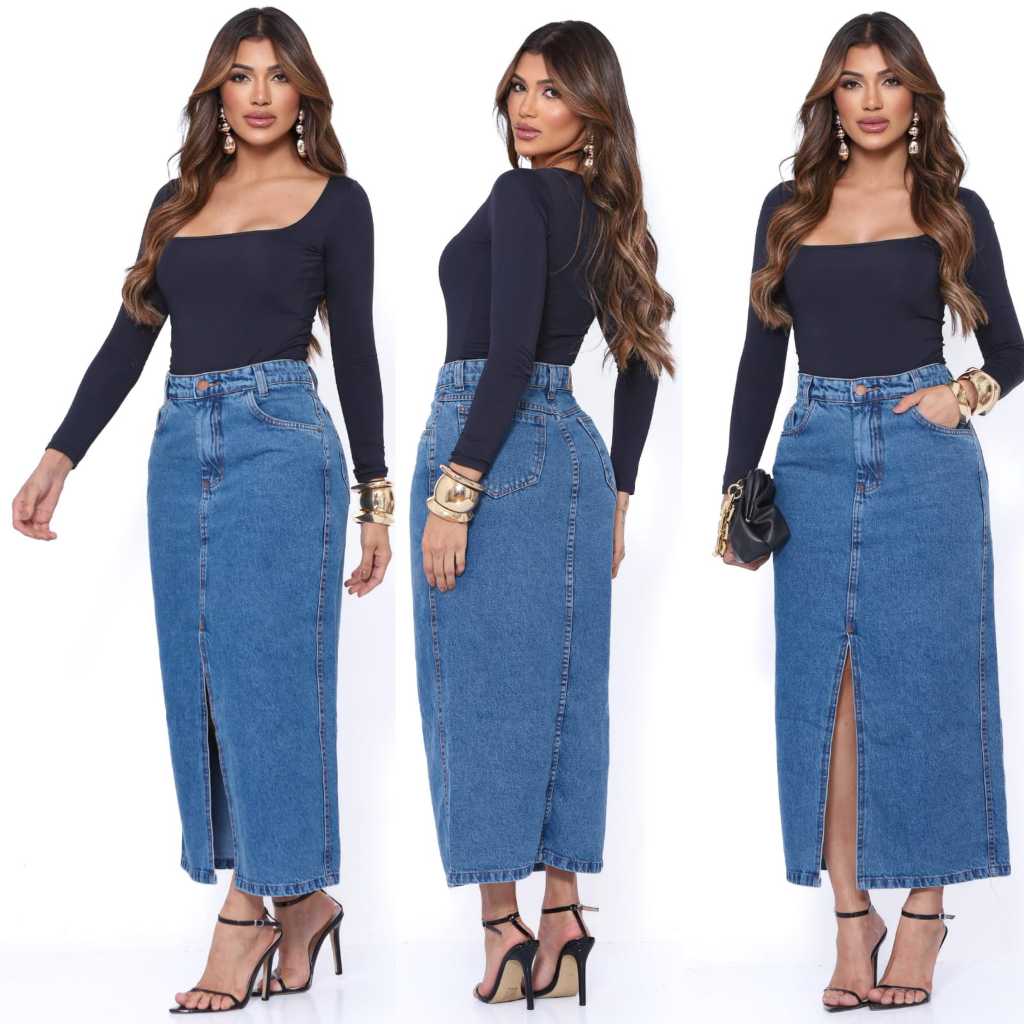 Saia Jeans Midi Longa Feminina de Alta Qualidade – Estilo e Conforto Sem Elastano