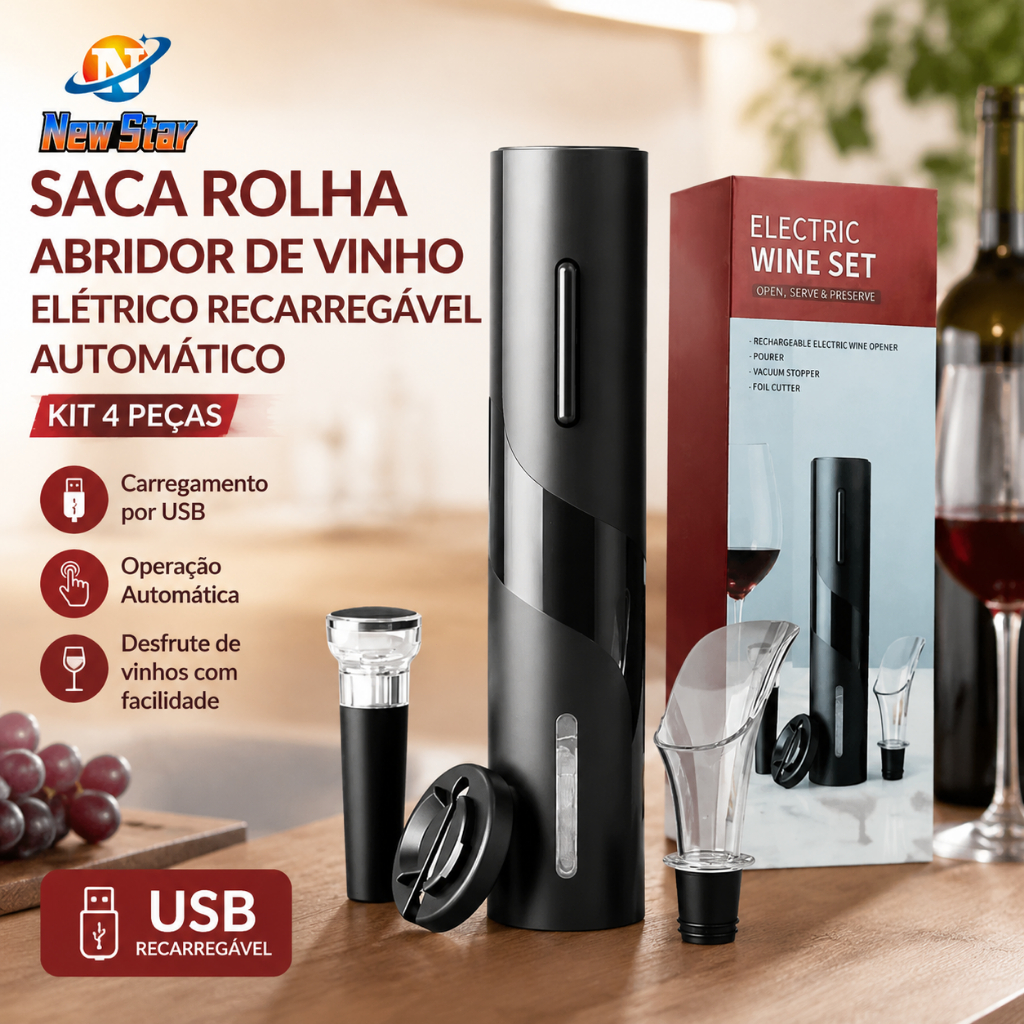 New Star Saca Rolha Abridor De Vinho Elétrico Recarregável Automático Kit 4 Peças Carregamento por usb