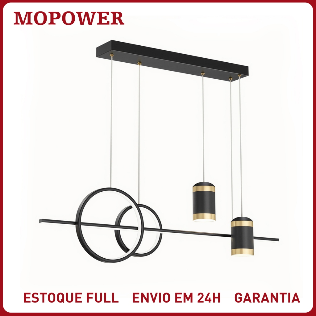 Luminária Lustre Pendente LED Moderno Geométrico Para Sala De Estar Jantar Quarto Balcão Cozinha Ilha Luxo Preto Dourado