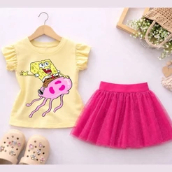 Conjunto Infantil Menina Bob Esponja Blusa Manga Babado Amarela Saia Tule Rosa Pink Moda Infantil Fashion feminino