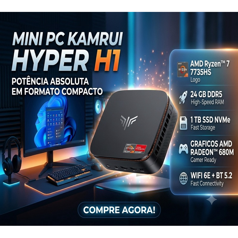 Mini PC Kamrui Hyper H1 com AMD Ryzen 7 7735HS
