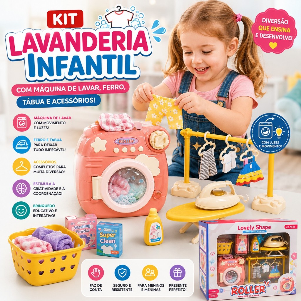 Kit Lavanderia Infantil com Máquina de Lavar Ferro Tábua de Passar e Acessórios de Brinquedo Educativo