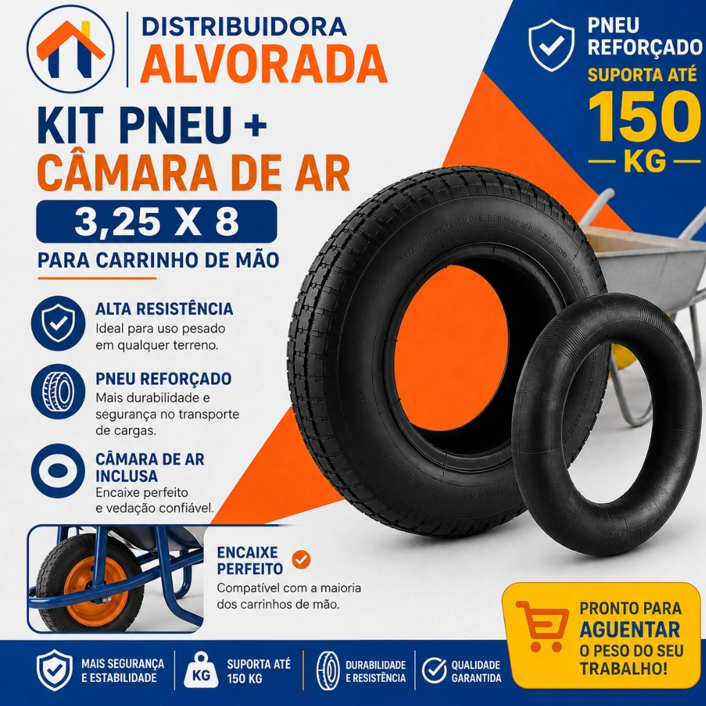 Kit Pneu Com Câmara De Ar Carriola Carrinho De Mão Pedreiro Pneu Completo 3,25 x 8 Alvorada