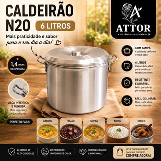 CALDEIRÃO HOTEL N20 6L COM TAMPA E ALÇA EM ALUMINIO CALDOS SOPAS CANJICA PAMONHA ARMAZENAR CARNE