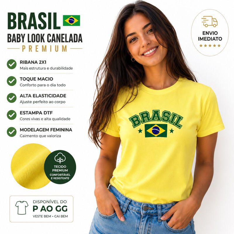 Camiseta Baby Look Canelada Algodão Do Brasil Feminina Blusa Para Copa T-Shirt Seleção Brasileira