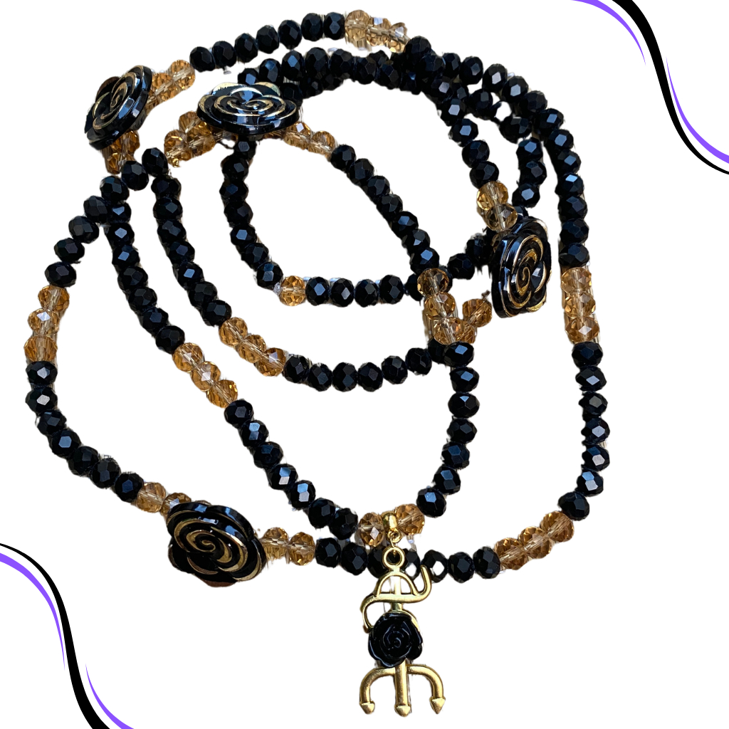 Guia Preta e Dourado Cristal 8mm Pomba Gira Dama Da Noite / Rosa Caveira / 7 Saias Umbanda Candomblé Quimbanda Jurema
