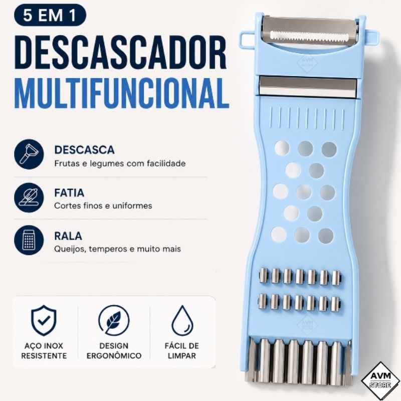 Descascador 5 em 1 Multifuncional Legumes Frutas Ralador Fatiador Cortador Inox Cozinha Prático