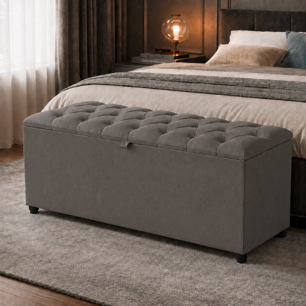 Puff Recamier Baú 80cm Banco Organizador Multiuso Para Pé Da Cama Sapateira Espaçosa Design Moderno Luxo Cor Cinza