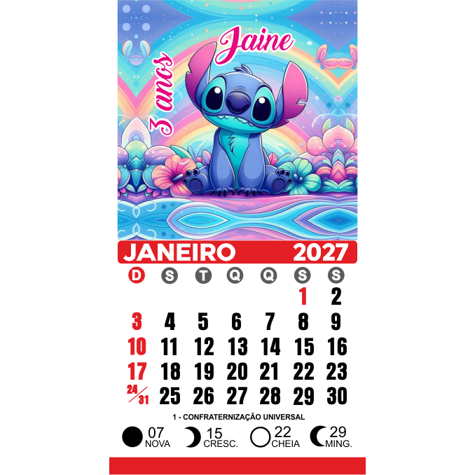 Mini Calendário 2027 Stitch Imã de geladeira  5x5 cm Calendário 5x5 cm total 10x5 cm  *sem embalagem