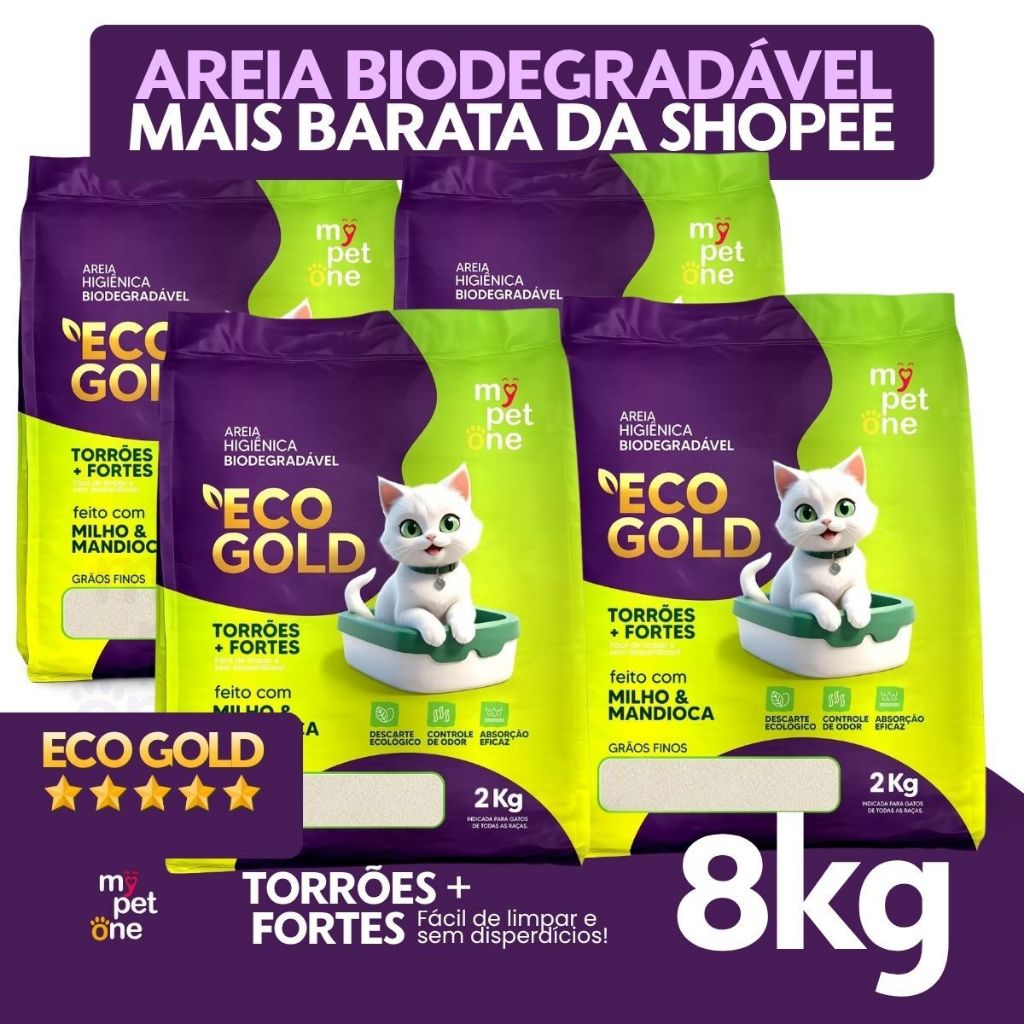 Kit 4 Areia Biodegradável Eco Gold Fina MyPetOne - 2Kg