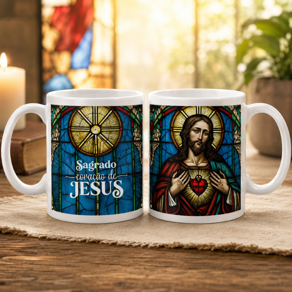 Caneca Sagrado Coração de Jesus Presente Religioso Católico Caneca Xícara Arte em Vitral