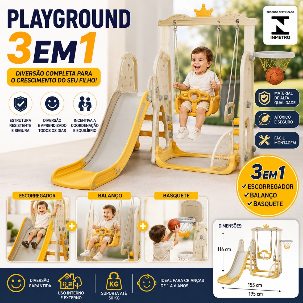 Imagem Playground 3 em 1 Escorregador Balanço Basquete Bege Infantil Importway Crianças 2 Anos Premium