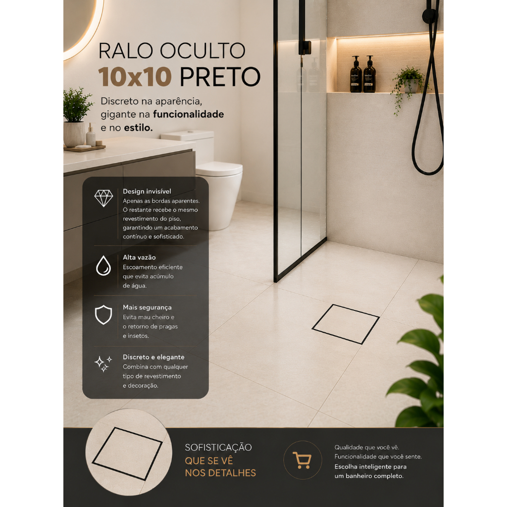 Ralo Oculto 10x10 Invisível Sifonado inteligente/ Seca piso/ Porcelanato com tela 1 unidade