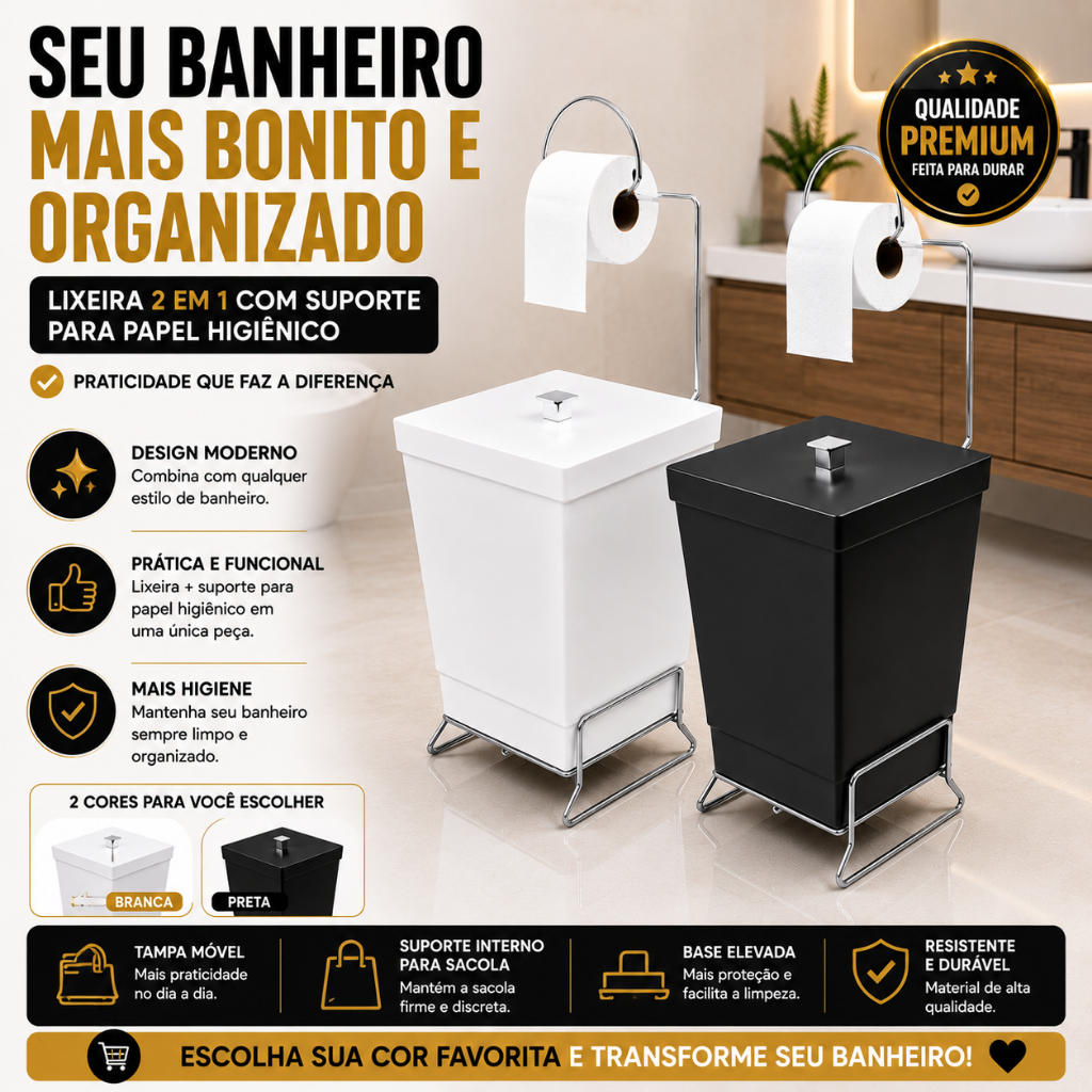 Suporte Para Papel Higiênico Com Lixeira 6,5L Stolf Tampa Removível Aço Carbono Cromado Banheiro Lavabo Organizado