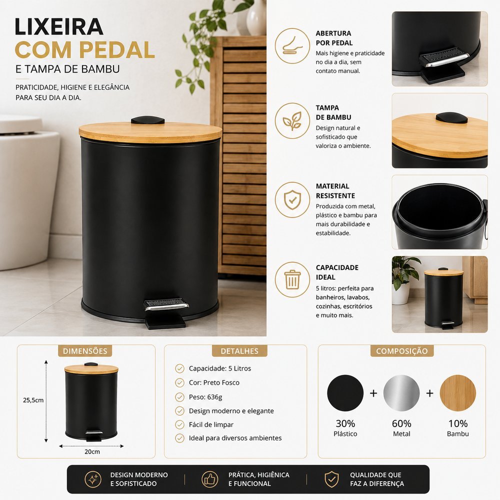 Lixeira BLACK BULL com Pedal e Tampa de Bambu 5 Litros - Preta
