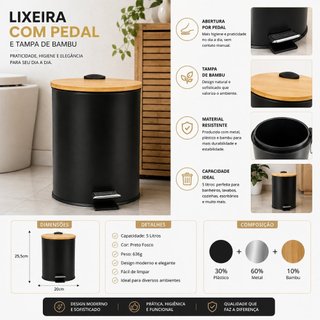 Lixeira BLACK BULL com Pedal e Tampa de Bambu 5 Litros - Preta