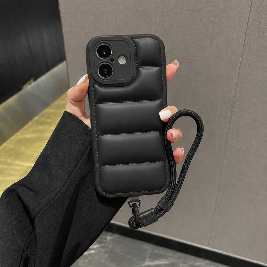Capinha Capa Para IPhone 17 Puffer Puff Cordão Alça Almofada Case Proteção Camera