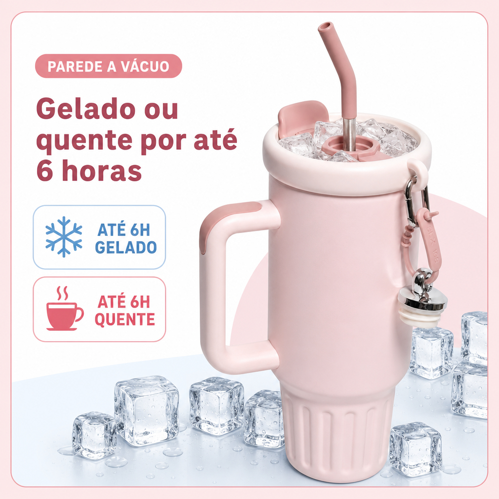 Copo Térmico Inox 1200ml Antivazamento Tampa 2 em 1 Canudo Metal Alça Bicolor Base Porta-Copos Carro — imagem 2 de 2