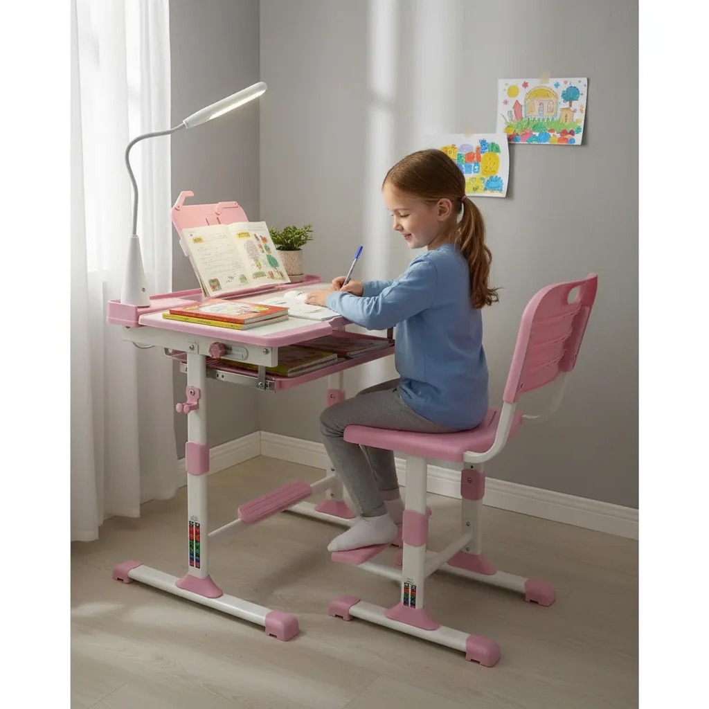 Mesa E Cadeira Infantil Escolar Ajustável C/ Luminária e Suporte P/ Tablet Livros