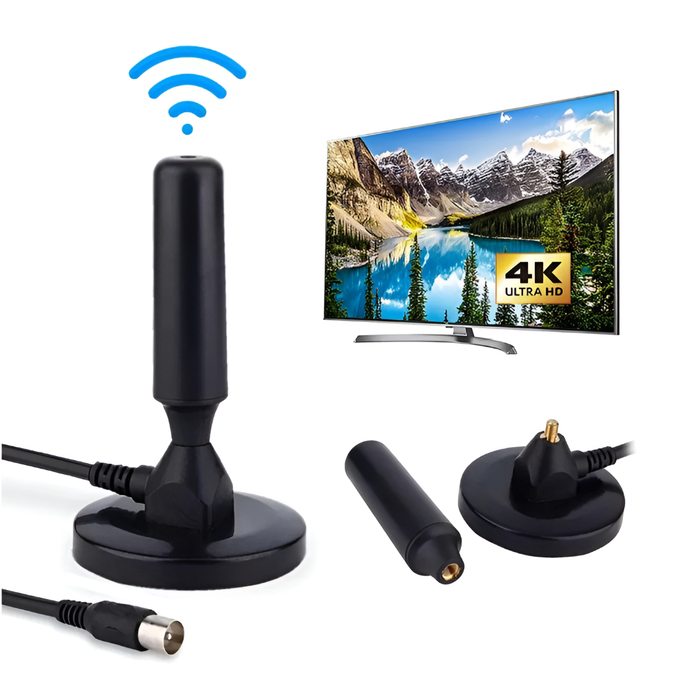 Antena Digital Amplificada Interna Externa 5 Metros Base Imã 4DBI 4K HDTV/UHF/VHF TV Televisor