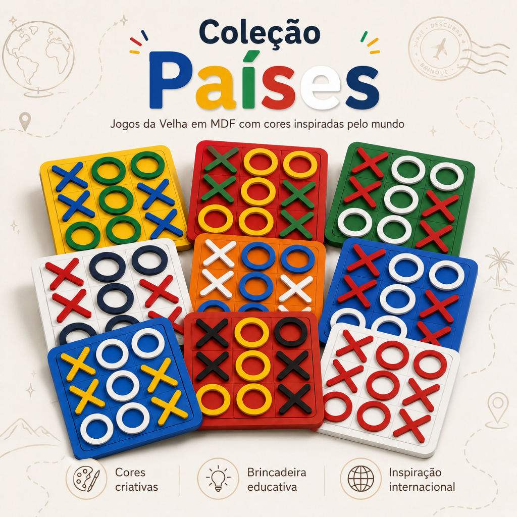 Kit 25 Jogos da Velha Infantil MDF Pintado Países Lembrancinha Educativa 10x10 cm