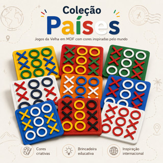 Kit 25 Jogos da Velha Infantil MDF Pintado Países Lembrancinha Educativa 10x10 cm